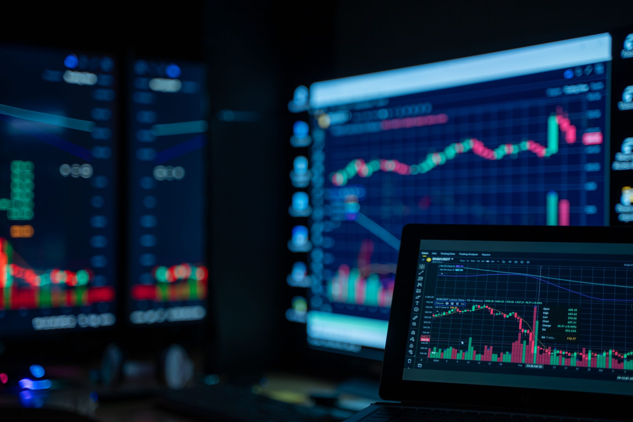Multiple monitors display live market charts in a trading workspace, illustrating AI-powered financial analysis.